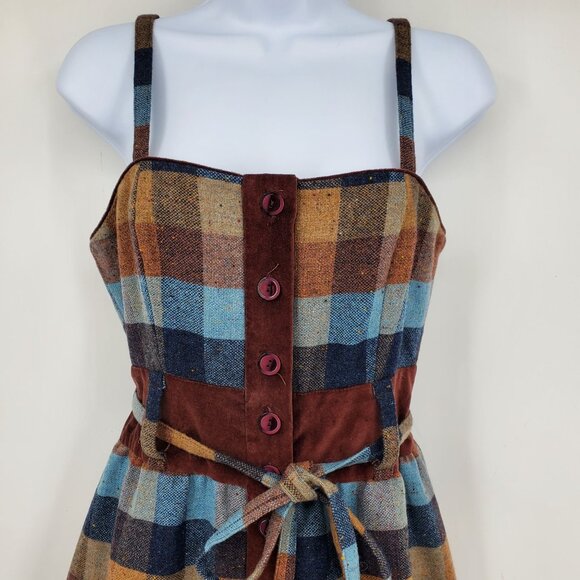 Maple Anthropologie Wool Checkerboard Plaid Velvet Trim Newsroom Jumper Dress 4 - Picture 6 of 9